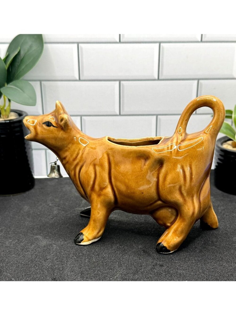 Vintage Mid-Century Kenmar Brown Ceramic Cow Dairy Creamer